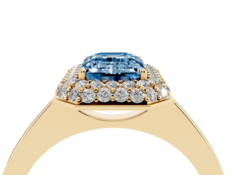 Emerald Cut Pave Halo Engagement Ring Setting for a Fancy Blue Lab-Grown Diamond | Slim Plain Band | Yellow Gold