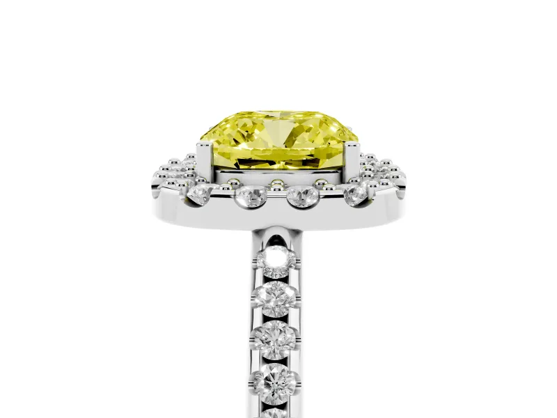 Cushion Cut Pave Halo Engagement Ring Setting for a Fancy Yellow Lab-Grown Diamond | Pave Band | White Gold