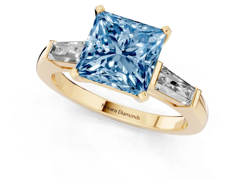 Princess Cut Baguette Engagement Ring Setting for a Fancy Blue Lab-Grown Diamond | Yellow Gold