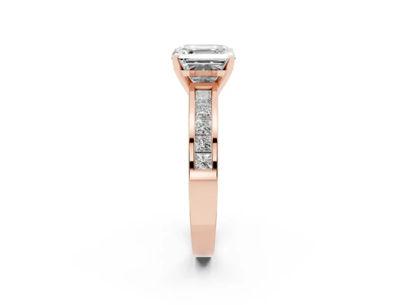 Asscher Cut Diamond Solitaire Ring Set in Rose gold with Channel-Set Band and Prong Setting