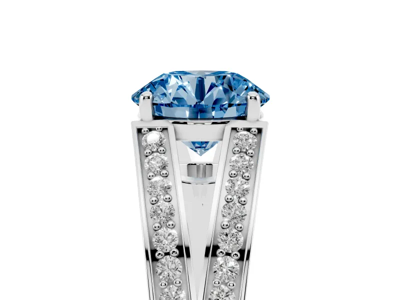 Fancy Blue Round Cut Diamond Split Shank Ring Set in Silver with Pavé Band and Prong Setting