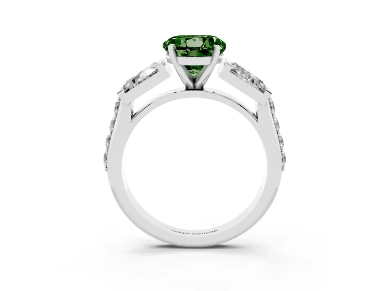 Fancy Green Round Cut Diamond Engagement Ring Set in Platinum with Baguette Side Stones and Channel Set Band