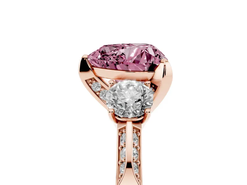 Heart-Shaped Hidden Halo Three Stone Engagement Ring Setting for a Fancy Pink Lab-Grown Diamond | Rose Gold