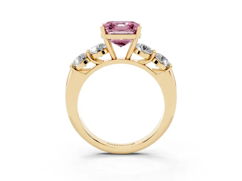 Asscher Cut Five Stone Engagement Ring Setting for a Fancy Pink Lab-Grown Diamond | Prong Set Side Stones | Yellow Gold