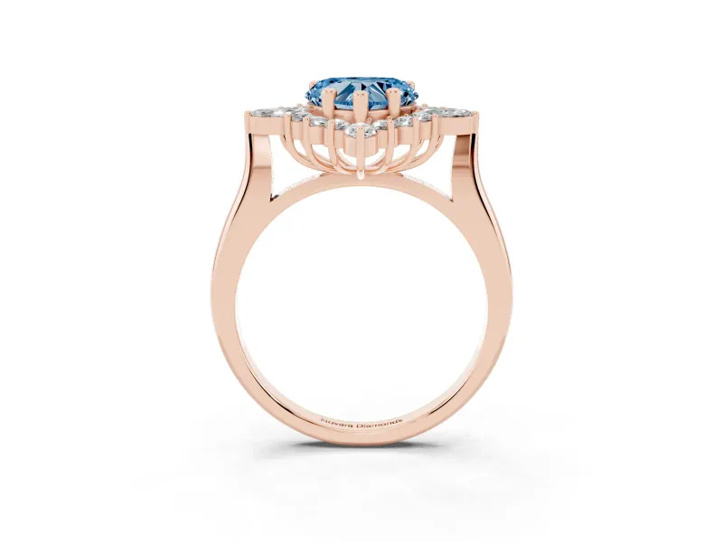 Fancy Blue Heart Cut Diamond Cluster Halo Ring Set in Rose gold with Marquise and Round Accents