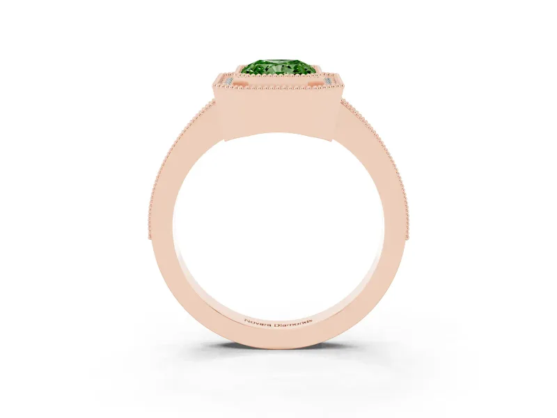 Fancy Green Radiant Cut Diamond Halo Engagement Ring Set in Rose gold with Pavé Band and Round Halo Stones