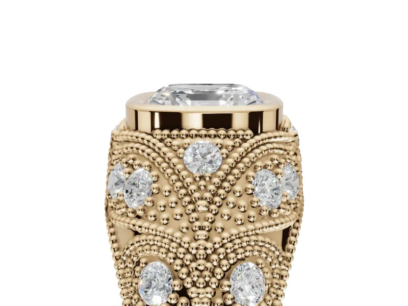 Asscher Cut Vintage Bezel Engagement Ring Setting | Beaded Paisley Shoulders | Yellow Gold