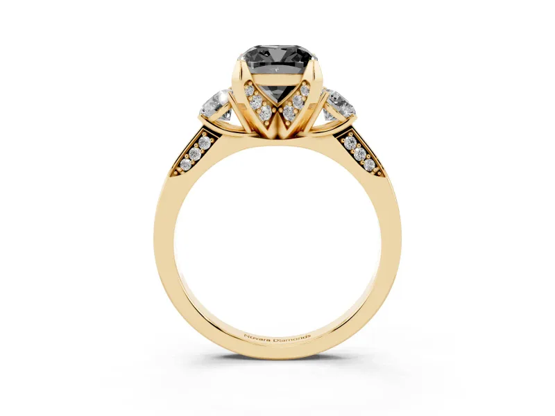 Cushion Cut Hidden Halo Three Stone Engagement Ring Setting for a Black Center | Yellow Gold