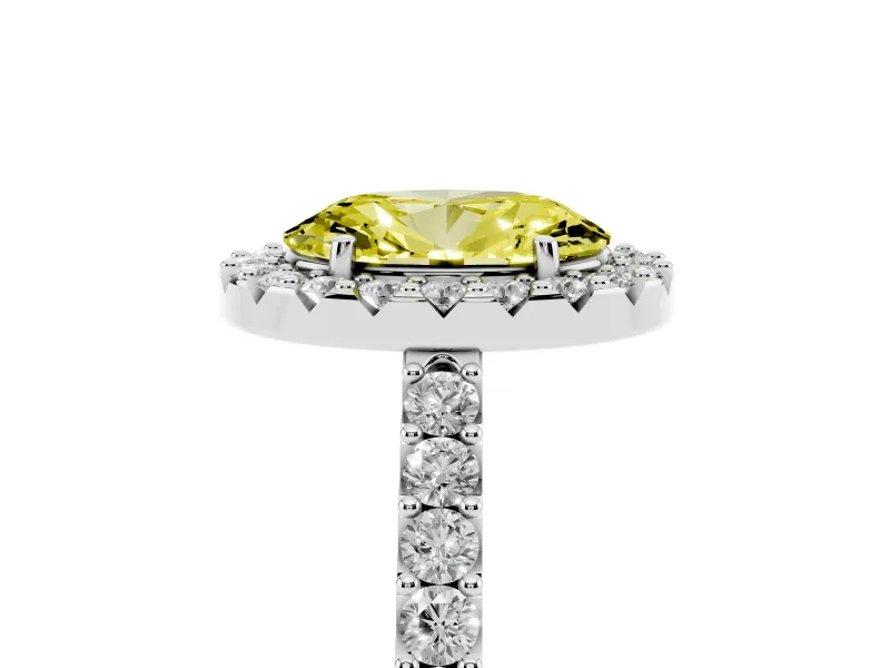 Fancy Yellow Oval Cut Diamond Halo Pavé Solitaire Ring Set in White gold with Prong-Set Center Stone