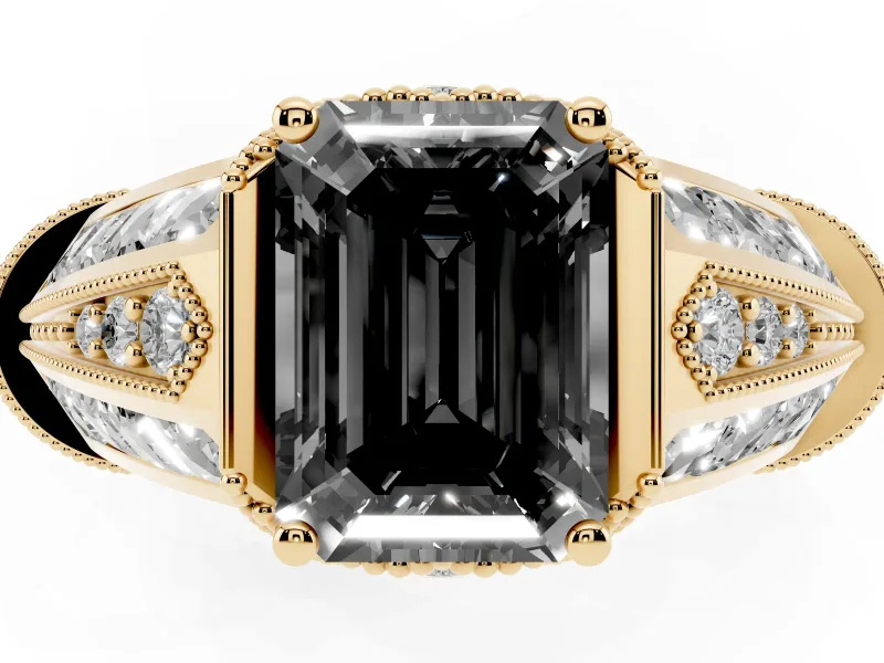 Emerald Cut Vintage Milgrain Engagement Ring Setting for a Black Center | Hidden Halo | Yellow Gold