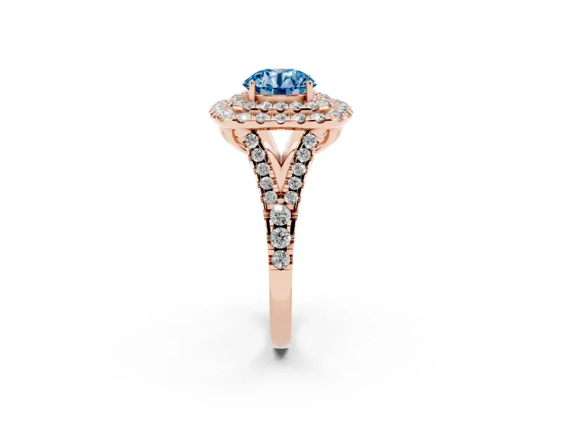 Round Halo Split Shank Engagement Ring Setting for a Fancy Blue Lab-Grown Diamond | Pavé Strands | Rose Gold