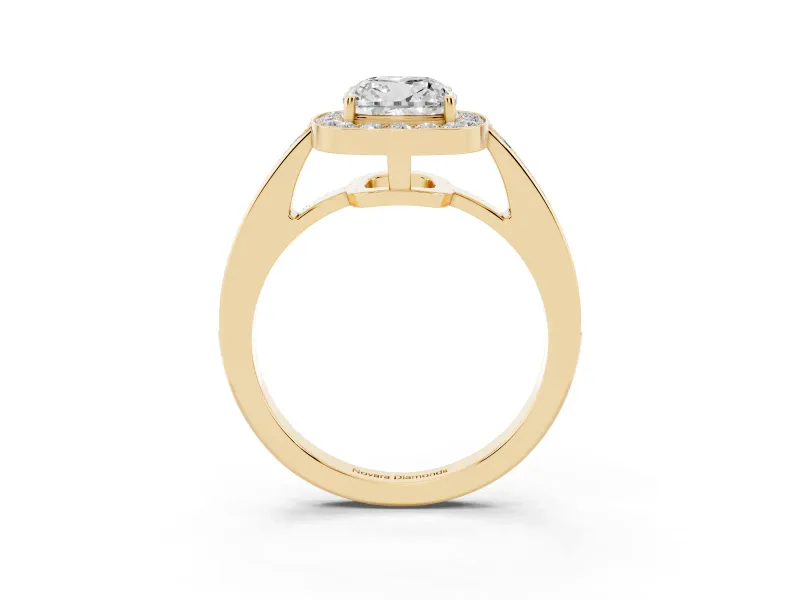 Cushion Cut Diamond Halo Pavé Engagement Ring Set in Yellow gold with Bezel Setting