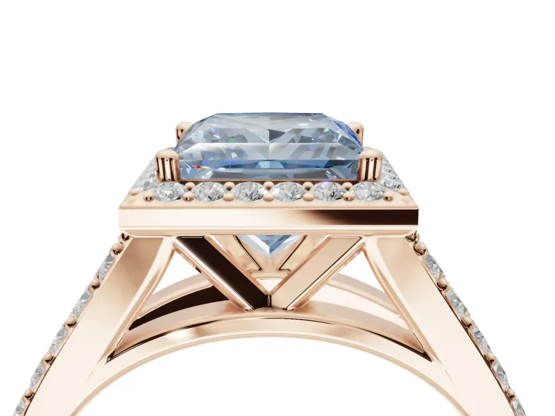Princess Cut Halo Pavé Engagement Ring Setting for a Fancy Blue Lab-Grown Diamond | Narrow Split Shank | Rose Gold
