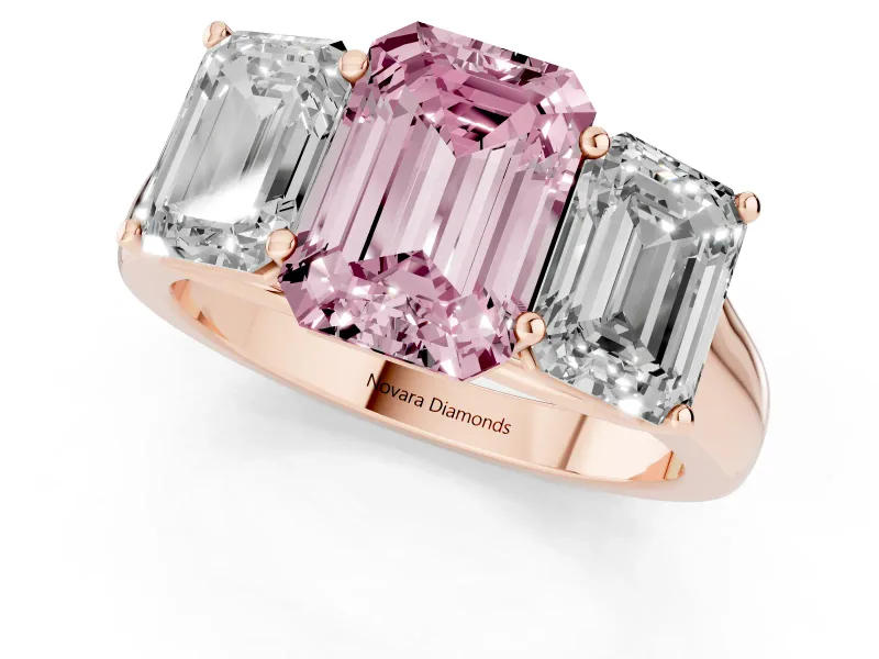 Emerald Cut Three Stone Engagement Ring Setting for a Fancy Pink Lab-Grown Diamond | Basket Prong Heads | Rose Gold