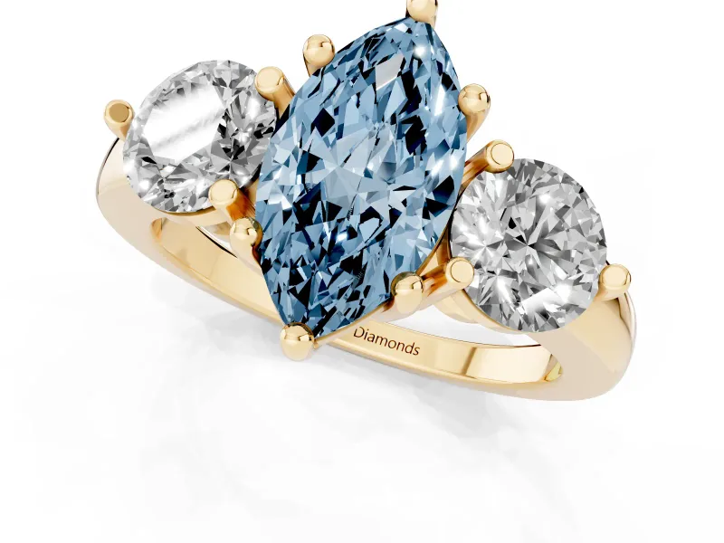 Fancy Blue Marquise Cut Diamond Three-Stone Ring Set in Yellow gold with Prong Setting and Classic Band