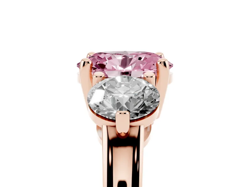 Oval Three Stone Engagement Ring Setting for a Fancy Pink Lab-Grown Diamond | Open Prong Baskets | Rose Gold