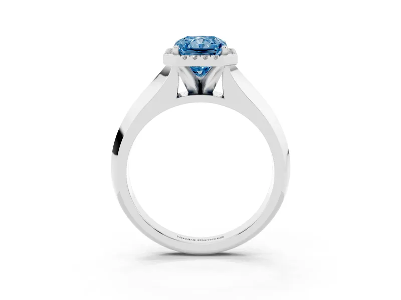 Fancy Blue Radiant Cut Diamond Halo Ring Set in Platinum with Cathedral Band and Prong Setting