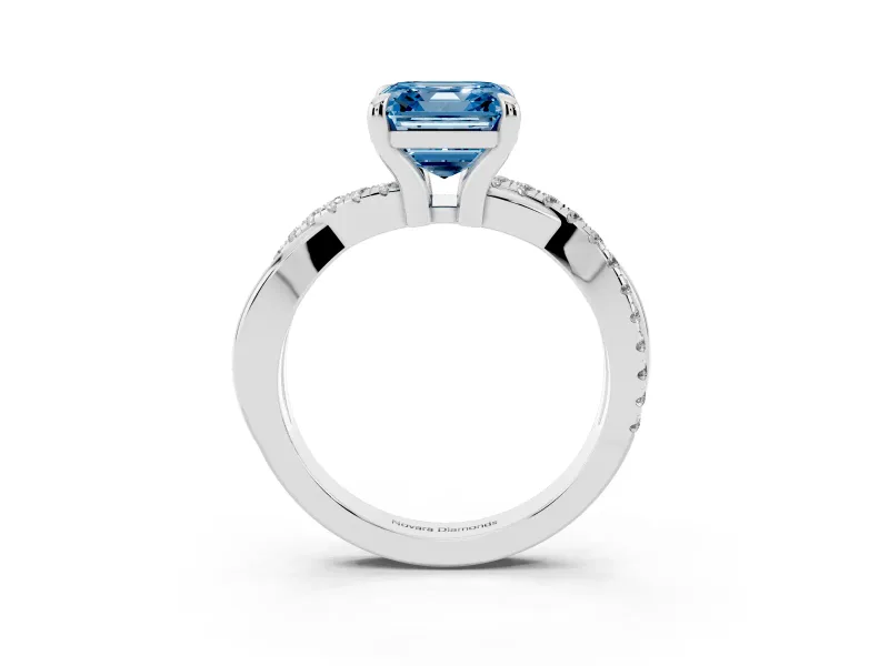 Fancy Blue Asscher Cut Diamond Twist Band Solitaire Set in White gold with Pavé Accents and Prong Setting