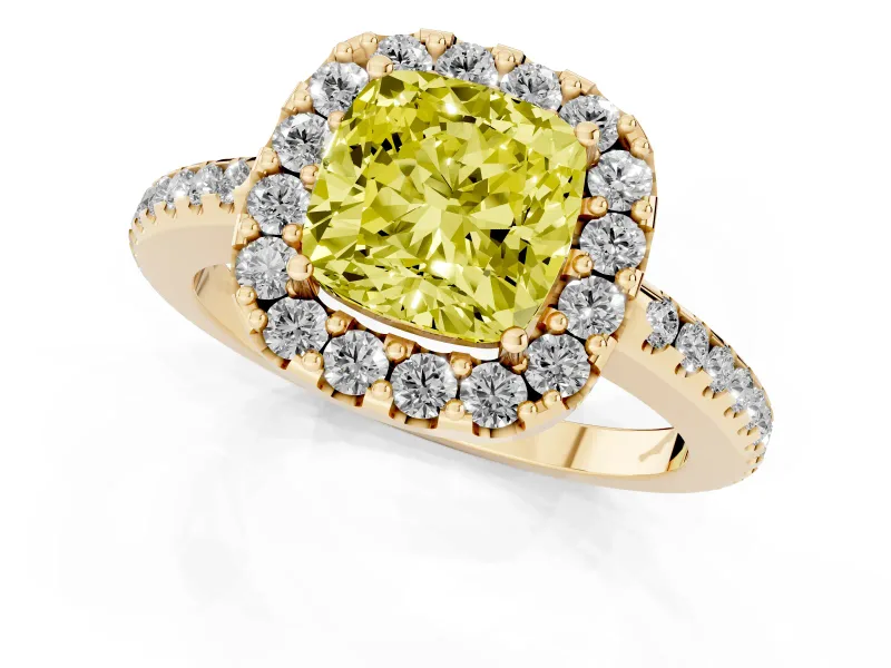 Cushion Cut Pave Halo Engagement Ring Setting for a Fancy Yellow Lab-Grown Diamond | Pave Band | Yellow Gold