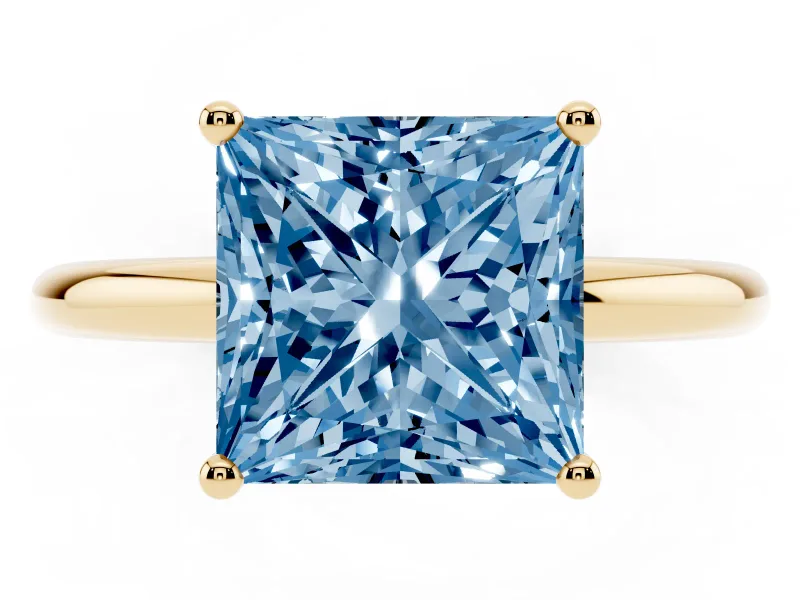 Fancy Blue Princess Cut Diamond Solitaire Engagement Ring Set in Yellow gold with Prong Setting and Polished Band