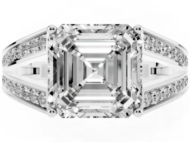 Asscher Cut Diamond Split Shank Ring Set in White gold with Pavé Band and Prong Setting
