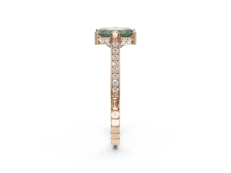 Emerald Cut Vintage Cathedral Engagement Ring Setting for a Fancy Green Lab-Grown Diamond | Carved Band | Rose Gold