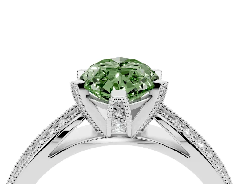 Fancy Green Marquise Cut Diamond Solitaire Ring Set in Silver with Milgrain Double Row Round Pavé Band