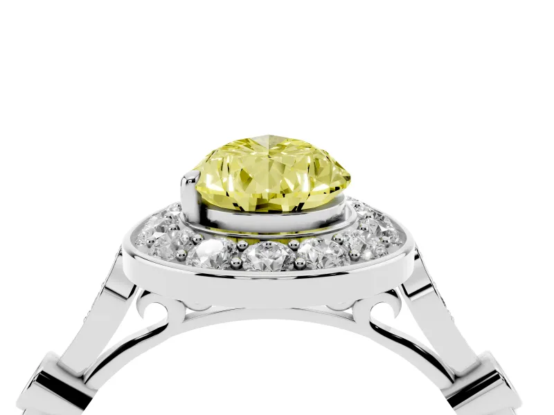 Fancy Yellow Pear Cut Diamond Halo Engagement Ring Set in Platinum with Twisted Band and Prong Setting
