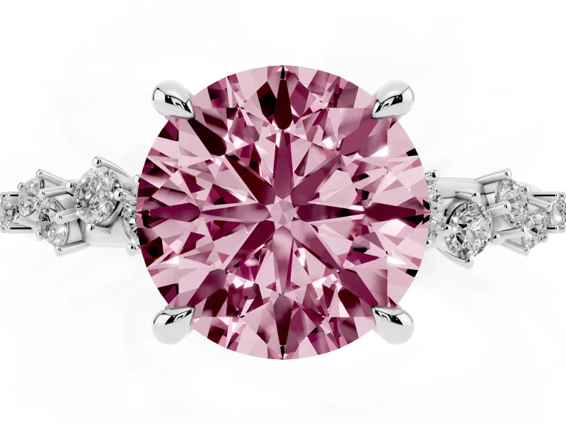 Fancy Pink Round Cut Diamond Solitaire Vine Band Ring Set in Silver with Round Accents and Prong Setting