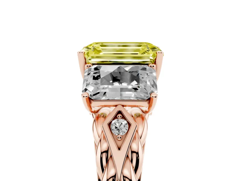Emerald Cut Three Stone Engagement Ring Setting for a Fancy Yellow Lab-Grown Diamond | Braided Band | Rose Gold