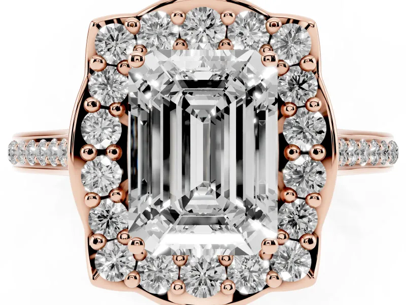 Emerald Cut Petal Tip Halo Engagement Ring Setting | Single Row Pavé Band | Rose Gold