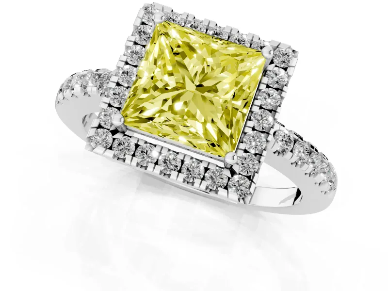 Fancy Yellow Princess Cut Diamond Pavé Band Halo Engagement Ring Set in White gold with Prong Setting