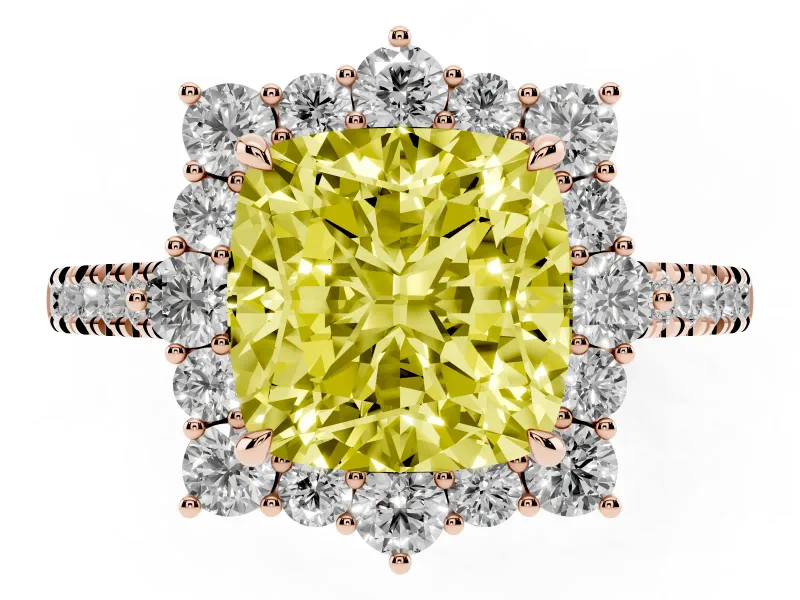 Cushion Cut Scalloped Halo Engagement Ring Setting for a Fancy Yellow Lab-Grown Diamond | Single Row Pave | Rose Gold