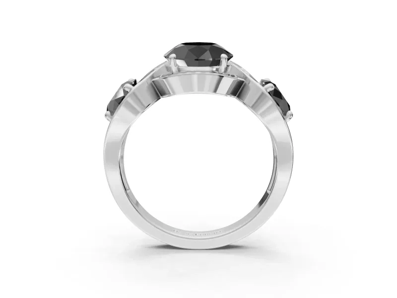 Round Three Stone Halo Engagement Ring Setting for a Black Center | Pavé Wave Band | White Gold