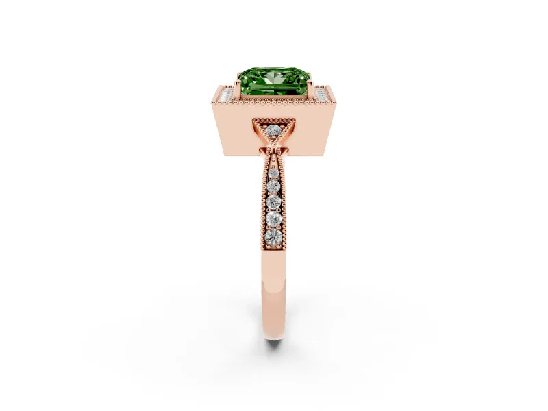 Princess Cut Milgrain Halo Engagement Ring Setting for a Fancy Green Lab-Grown Diamond | Graduated Pavé | Rose Gold