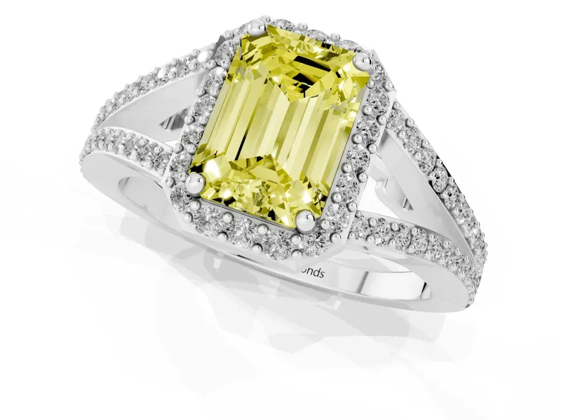 Emerald Cut Halo Engagement Ring Setting for a Fancy Yellow Lab-Grown Diamond | V-Split Pavé Band | Sterling Silver