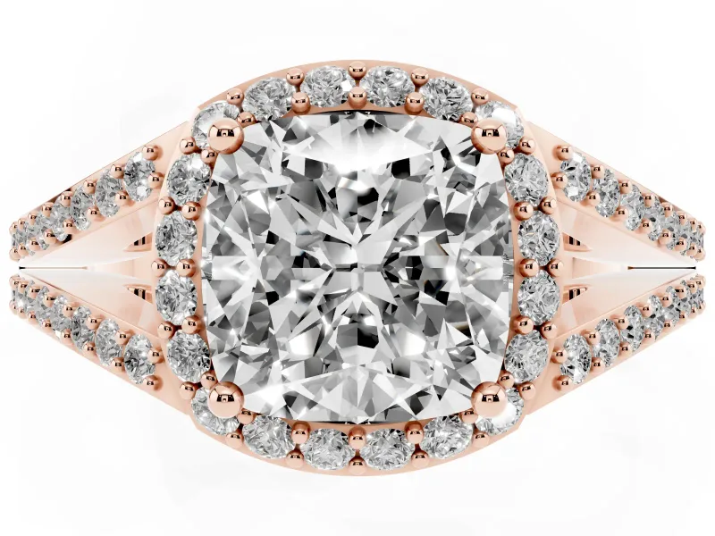 Cushion Cut Halo Engagement Ring Setting | V-Split Pavé Band | Rose Gold