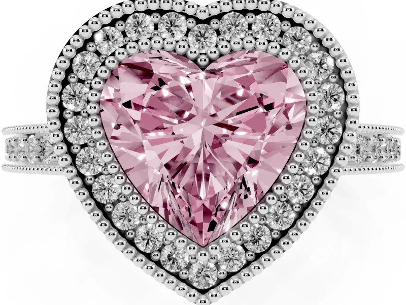 Fancy Pink Heart Cut Diamond Round Halo Ring Set in White gold with Pavé Band