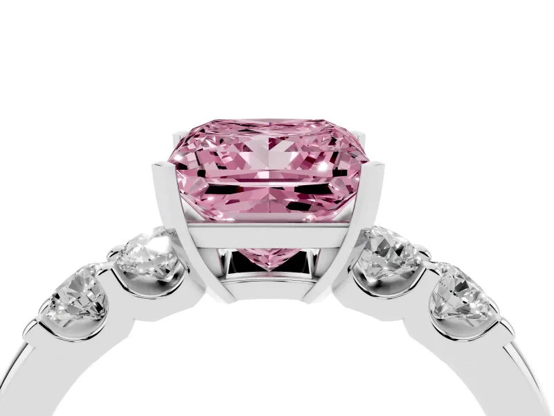 Fancy Pink Princess Cut Diamond Five-Stone Prong Set Engagement Ring Set in White gold with Channel Band