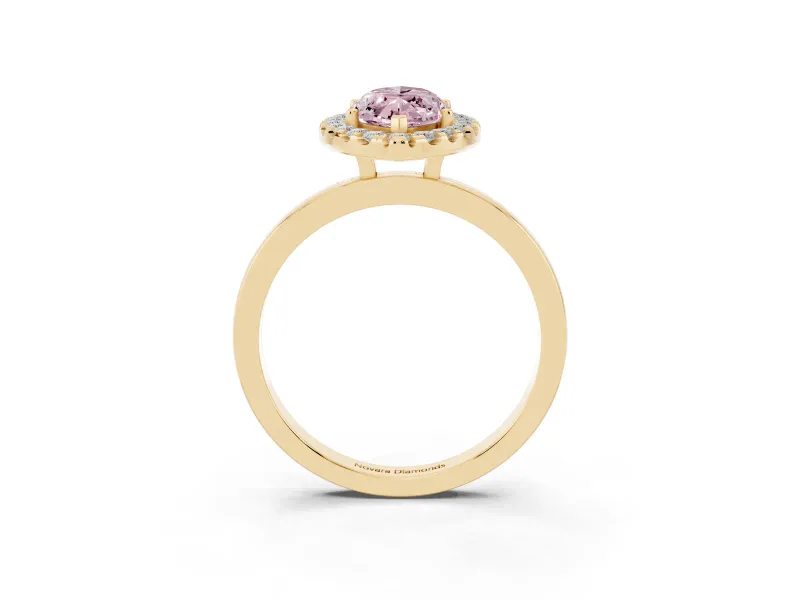Fancy Pink Marquise Cut Diamond Halo Solitaire Ring Set in Yellow gold with Pavé Band and Prong Setting