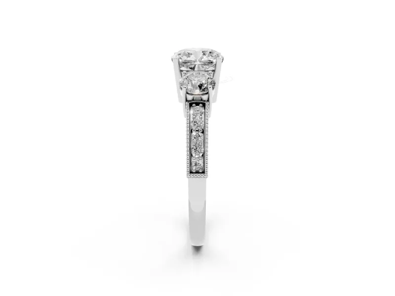 Cushion Cut Diamond Three-Stone Ring Set in Silver with Round Side Stones and Pavé Band
