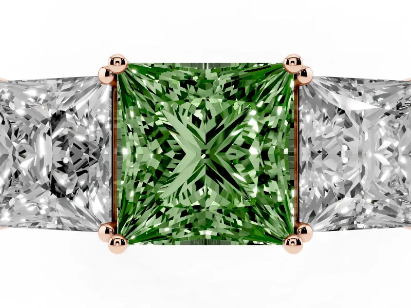 Princess Cut Three Stone Engagement Ring Setting for a Fancy Green Lab-Grown Diamond | Beaded Shoulders | Rose Gold