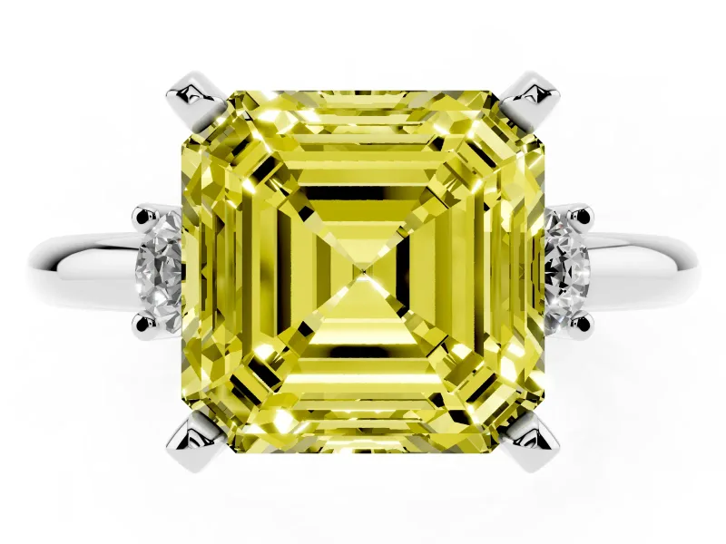 Fancy Yellow Three-Stone Asscher Cut Diamond Ring Set in Platinum with Prong Setting and Plain Band