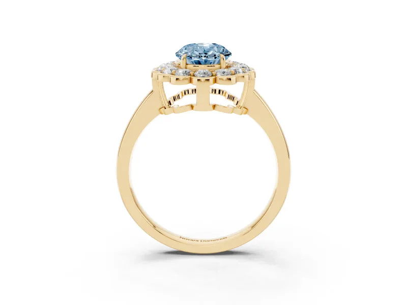 Oval Scalloped Cluster Halo Engagement Ring Setting for a Fancy Blue Lab-Grown Diamond | Plain Band | Yellow Gold