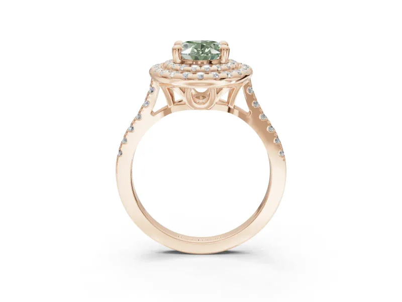 Oval Double Halo Engagement Ring Setting for a Fancy Green Lab-Grown Diamond | Pave Shoulders | Rose Gold