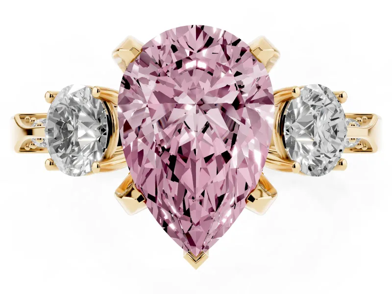Pear-Shaped Hidden Halo Three Stone Engagement Ring Setting for a Fancy Pink Lab-Grown Diamond | Yellow Gold