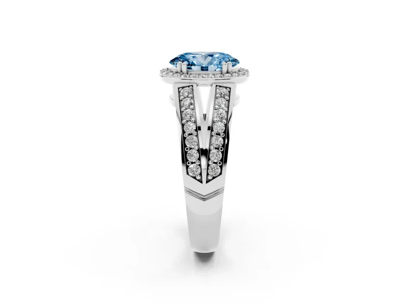 Fancy Blue Oval Cut Diamond Halo Ring Set in Platinum with Double Pavé Split Shank