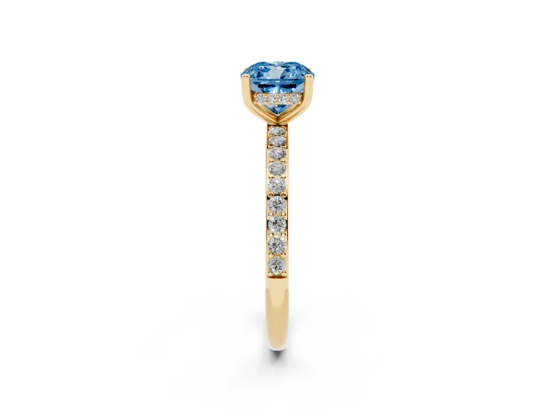 Cushion Cut Hidden Halo Engagement Ring Setting for a Fancy Blue Lab-Grown Diamond | Yellow Gold