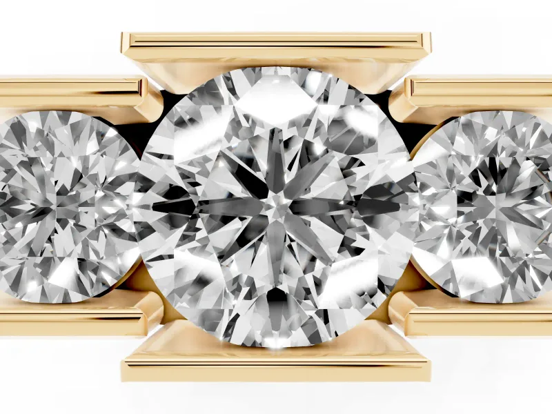 Round Cut Diamond Three-Stone Channel Set Ring Set in Yellow gold with Smooth Polished Band