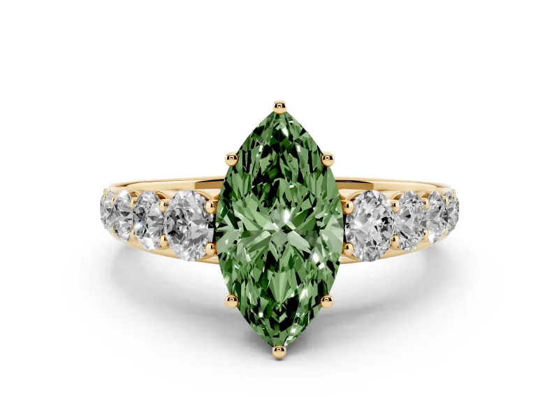 Fancy Green Marquise Cut Diamond Solitaire Ring Set in Yellow gold with Pavé-Set Band and Prong Setting